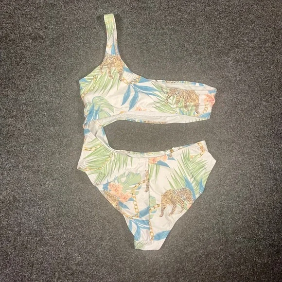 Blu C Tropical Leopard One Shoulder Cutout Monokini Swimsuit BUJR19117 Sz Large - Picture 5 of 10